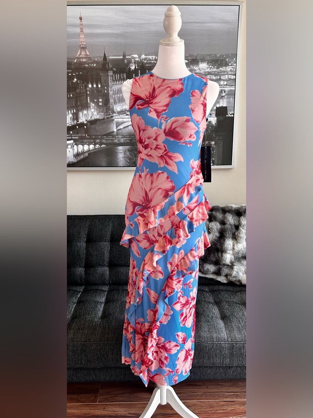 Rachel Roy NWT Blue Pink Floral Ruffle Midi Maxi Dress S